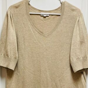 LOFT Sz XL Heather Tan V-Neck Short Sleeve Sweater Great Layering Piece Puff Sl